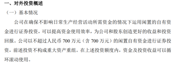 思為客利用閑置自有資金開展證券投資，額度不超700萬元