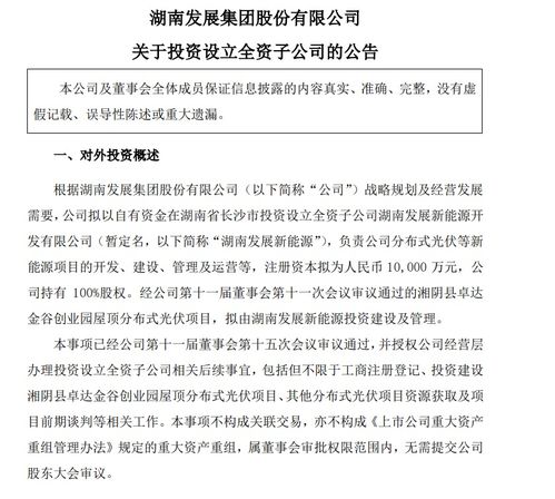 注冊資本1億元，湖南發展成立新能源公司，聚焦自有資金投資活動